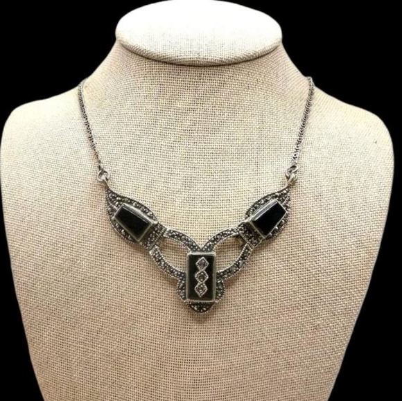 Post 1940's Vintage onyx & marcasite necklace art deco 925. A REAL BEAUTY! - Picture 4 of 13